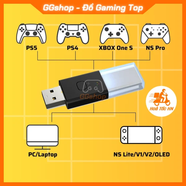 USB Receiver Bluetooth 5.0 kết nối tay cầm PS5, PS4, Xbox với Nintendo Switch và PC chính hãng DOBE