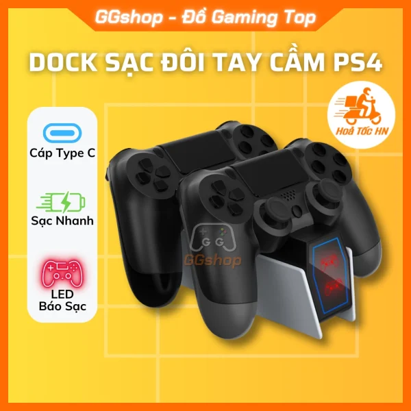 Dock sạc đế sạc đôi tay cầm PS4 DualShock 4 chính hãng DOBE (tặng núm bọc analog)